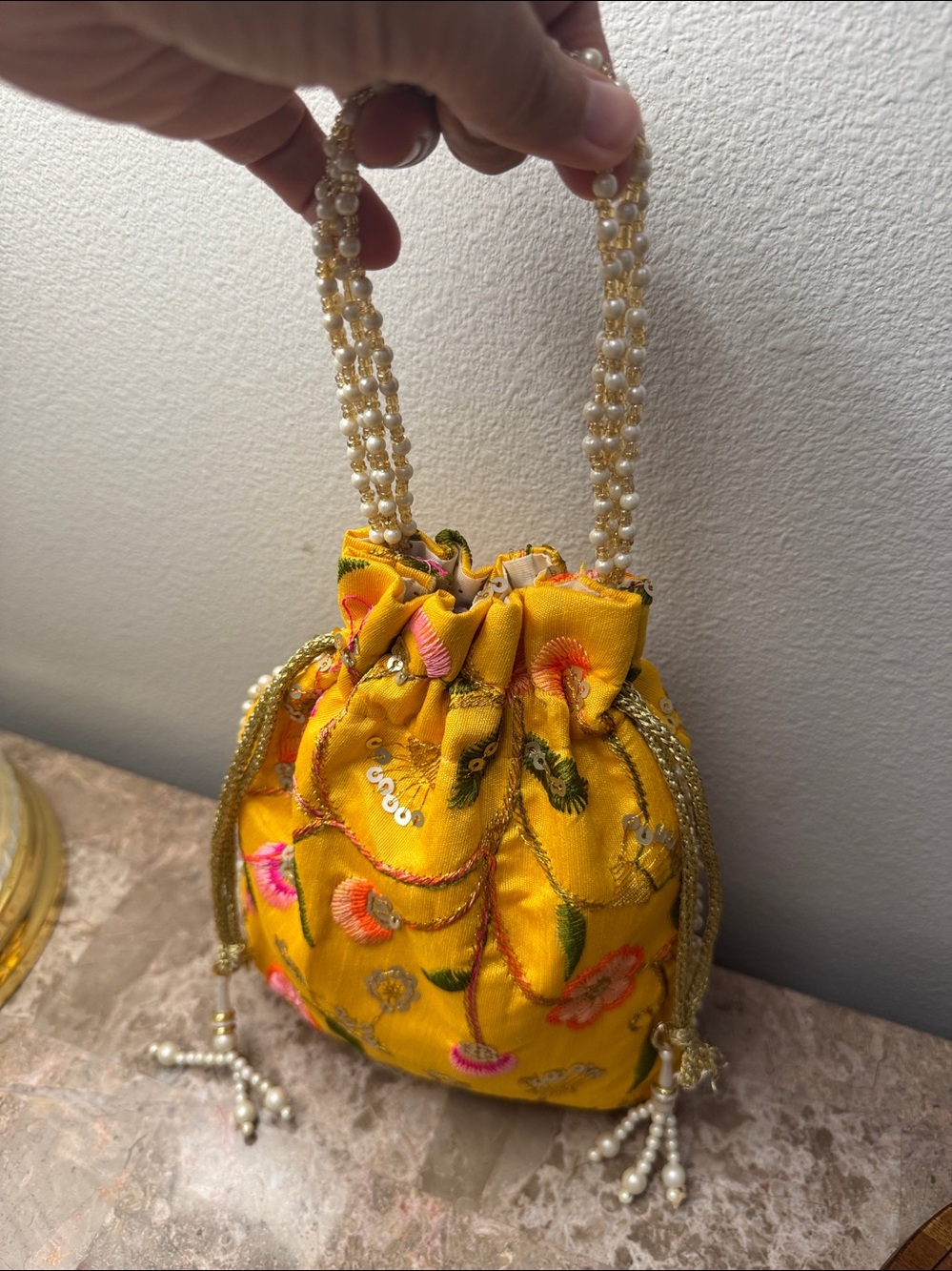 Yellow Floral Embroidered Indian potli Bag - Picture 5 of 10